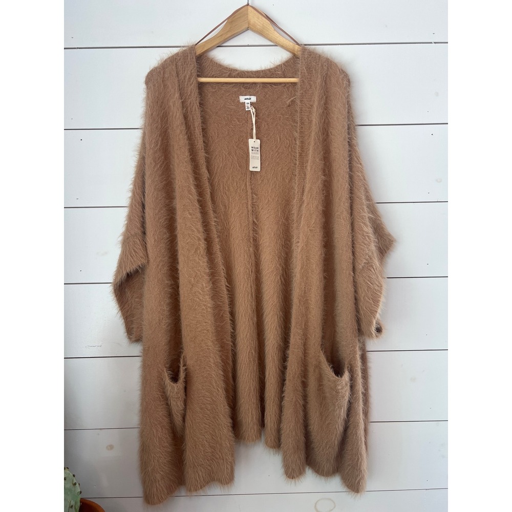 NWT Aerie Knit Oversized Cardigan Tan Fuzzy Open Front Pocket Sweater L/XL